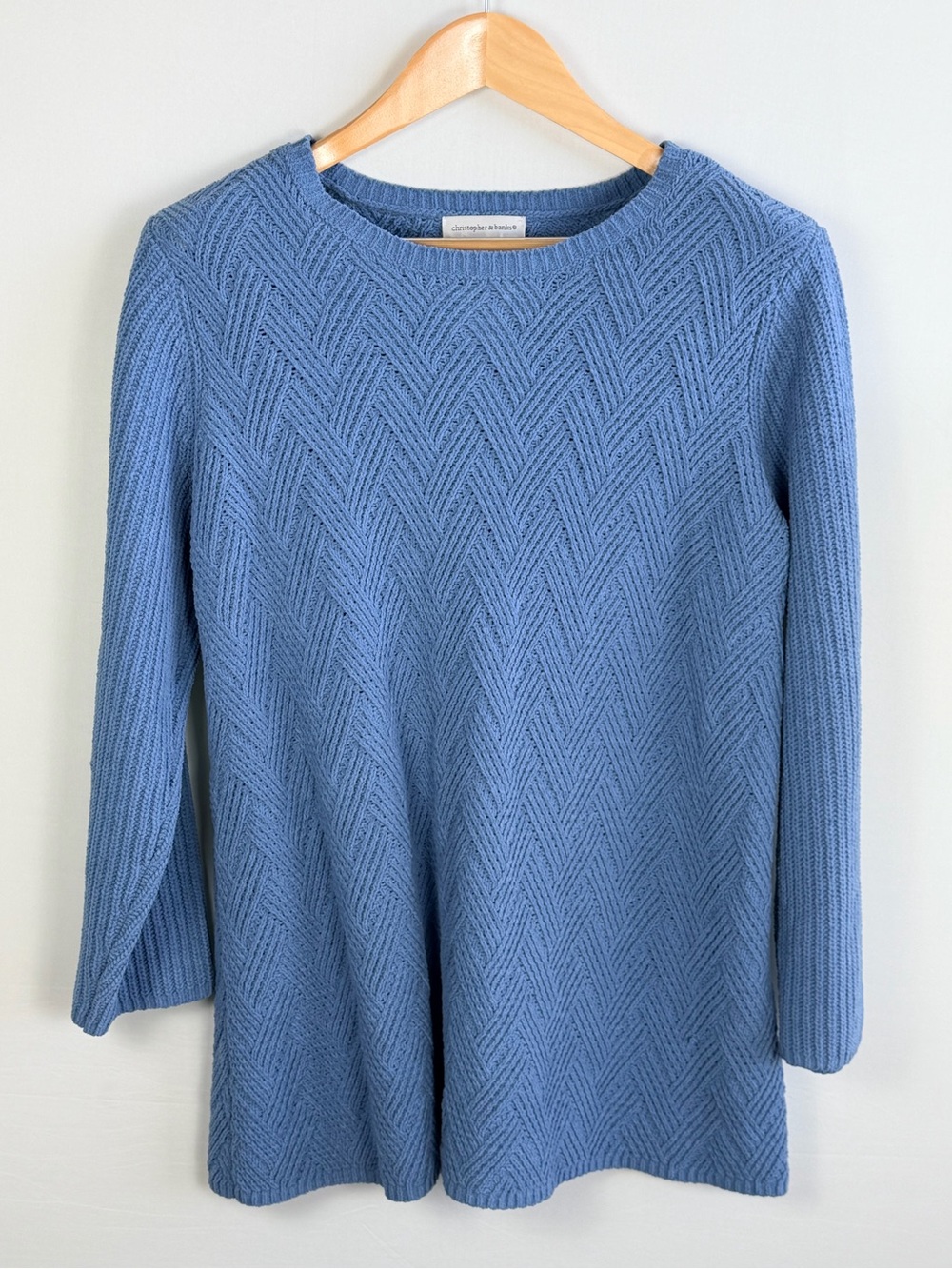 Christopher & Banks Blue Textured Knit Sweater L Chevron Tunic Chenille Feel